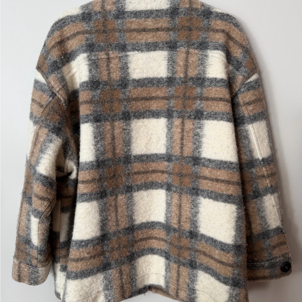 ZARA Plaid Wool Blend Shacket Jacket XXL Oversized Beige Brown Coat - Picture 3 of 6